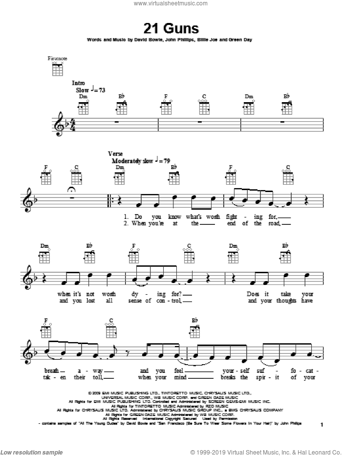 21 Guns sheet music for ukulele by Green Day, intermediate skill level