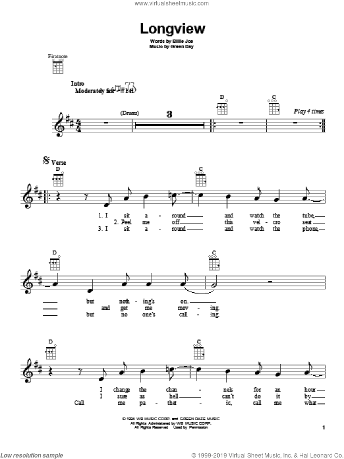 Longview sheet music for ukulele by Green Day, intermediate skill level