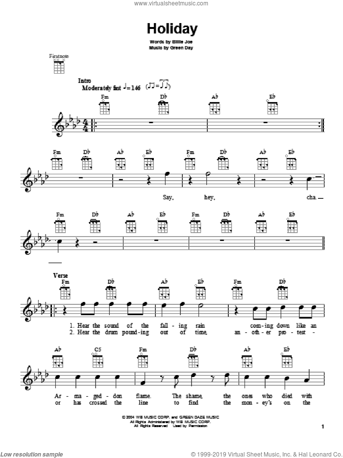 Holiday sheet music for ukulele by Green Day, intermediate skill level