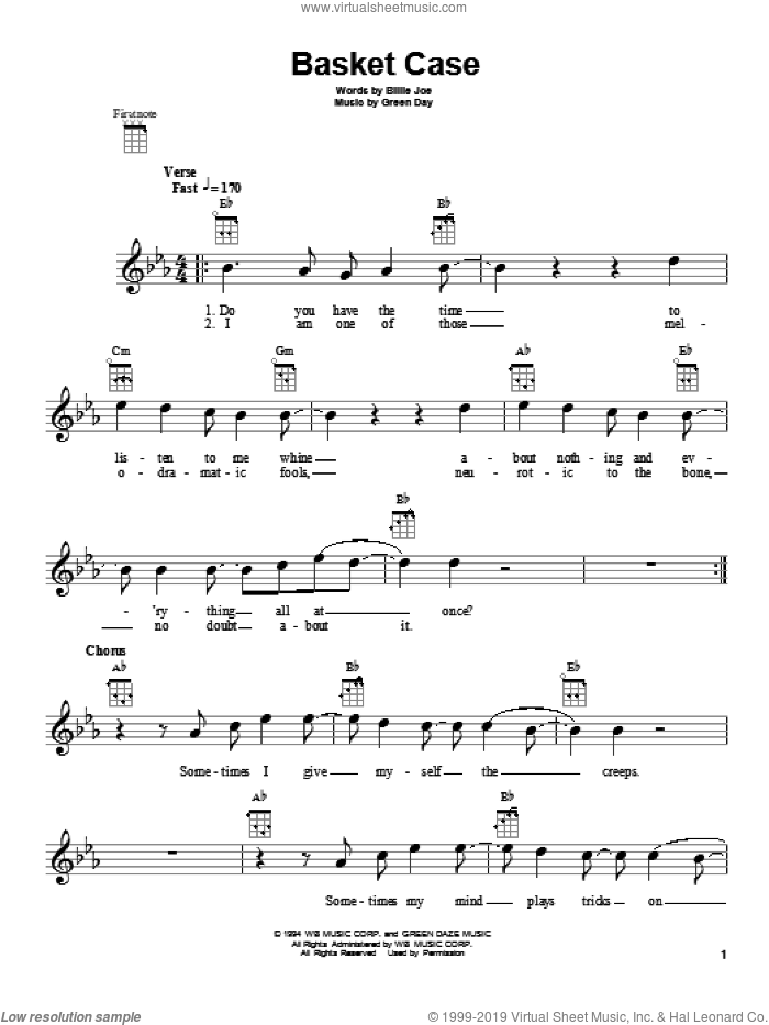Basket Case sheet music for ukulele by Green Day, intermediate skill level
