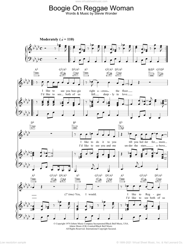 Boogie On Reggae Woman sheet music for voice, piano or guitar by Stevie Wonder, intermediate skill level