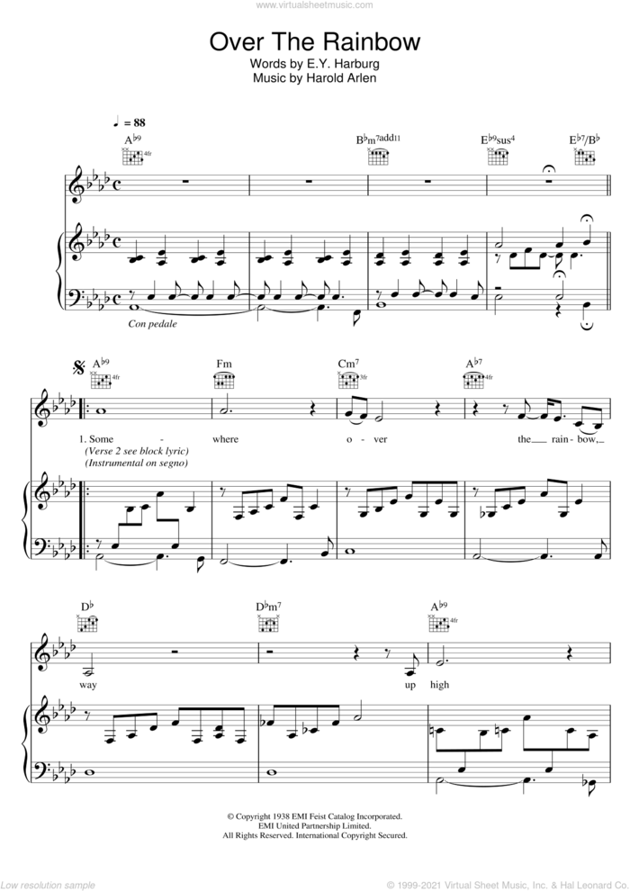 Over The Rainbow sheet music for voice, piano or guitar by Eva Cassidy, E.Y. Harburg and Harold Arlen, intermediate skill level
