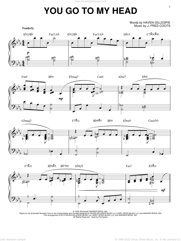 You Go To My Head (arr. Brent Edstrom) sheet music for piano solo by Haven Gillespie and J. Fred Coots, intermediate skill level