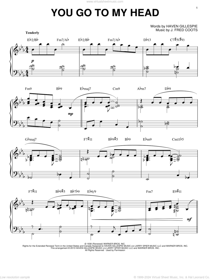 You Go To My Head (arr. Brent Edstrom) sheet music for piano solo by Haven Gillespie and J. Fred Coots, intermediate skill level