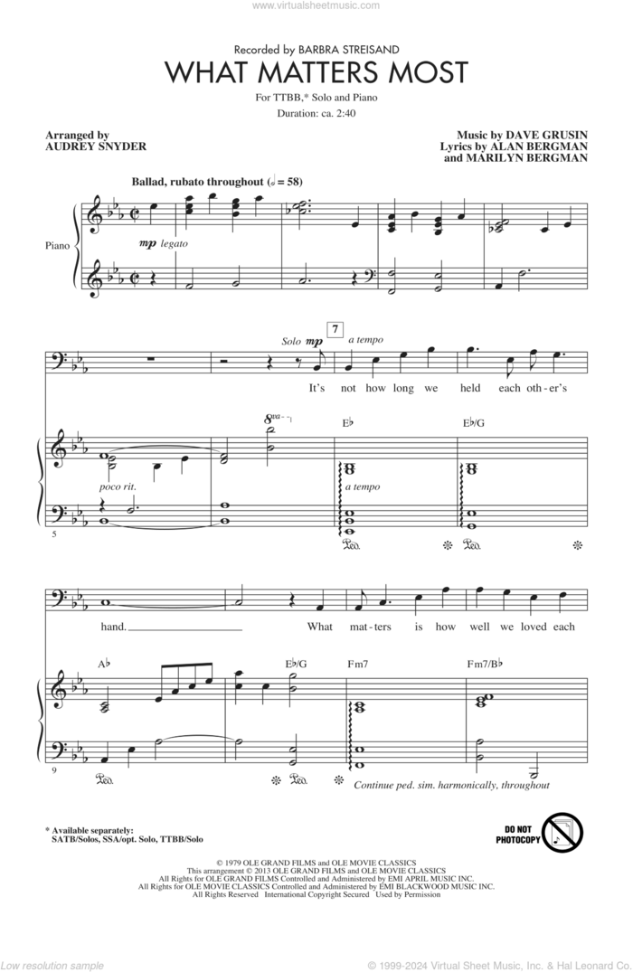 What Matters Most sheet music for choir by Audrey Snyder and Barbra Streisand, intermediate skill level