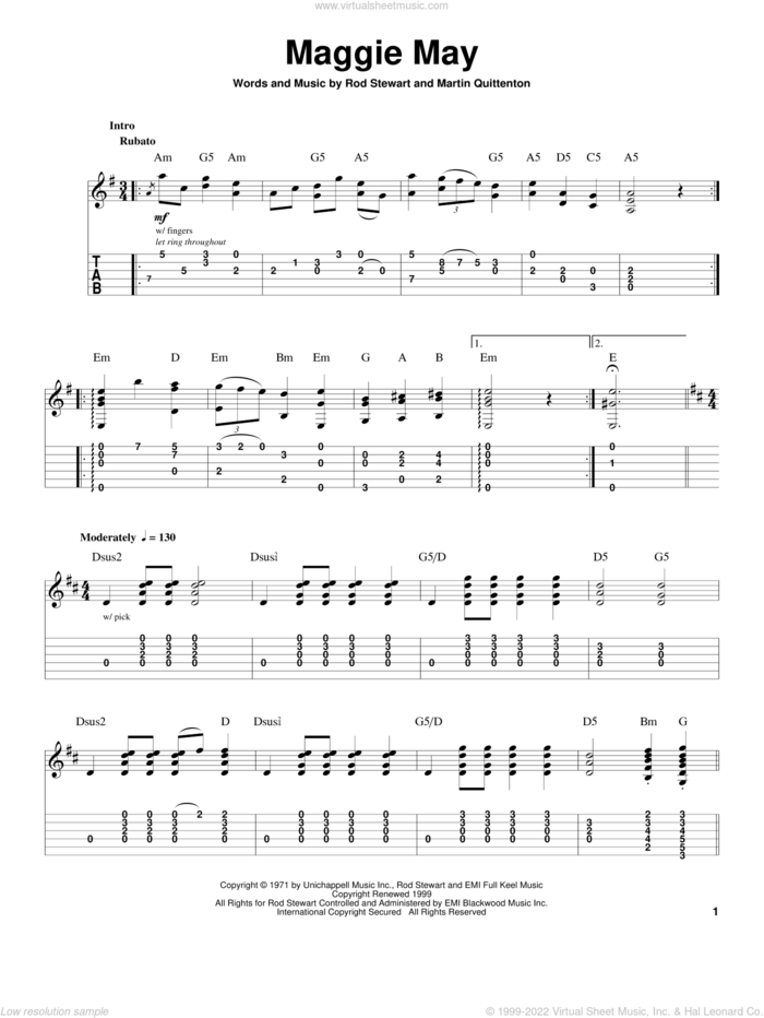 Maggie May sheet music for guitar (tablature, play-along) by Rod Stewart and Martin Quittenton, intermediate skill level