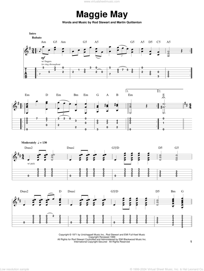 Maggie May sheet music for guitar (tablature, play-along) by Rod Stewart and Martin Quittenton, intermediate skill level