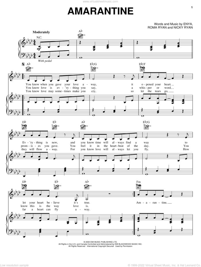 Amarantine sheet music for voice, piano or guitar by Enya, Nicky Ryan and Roma Ryan, intermediate skill level