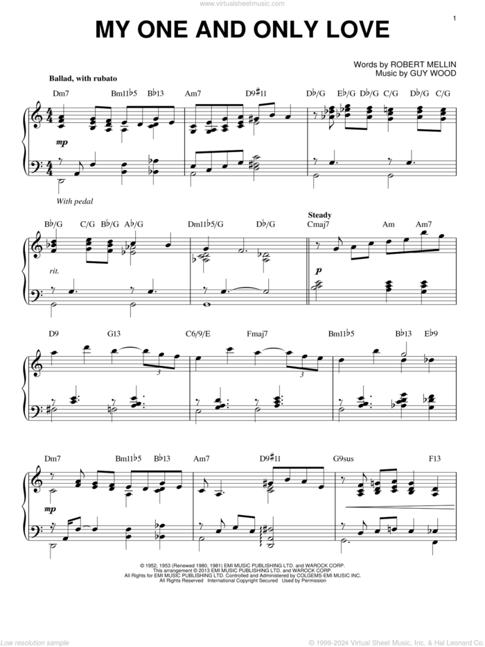 My One And Only Love (arr. Brent Edstrom) sheet music for piano solo by Robert Mellin and Guy Wood, intermediate skill level