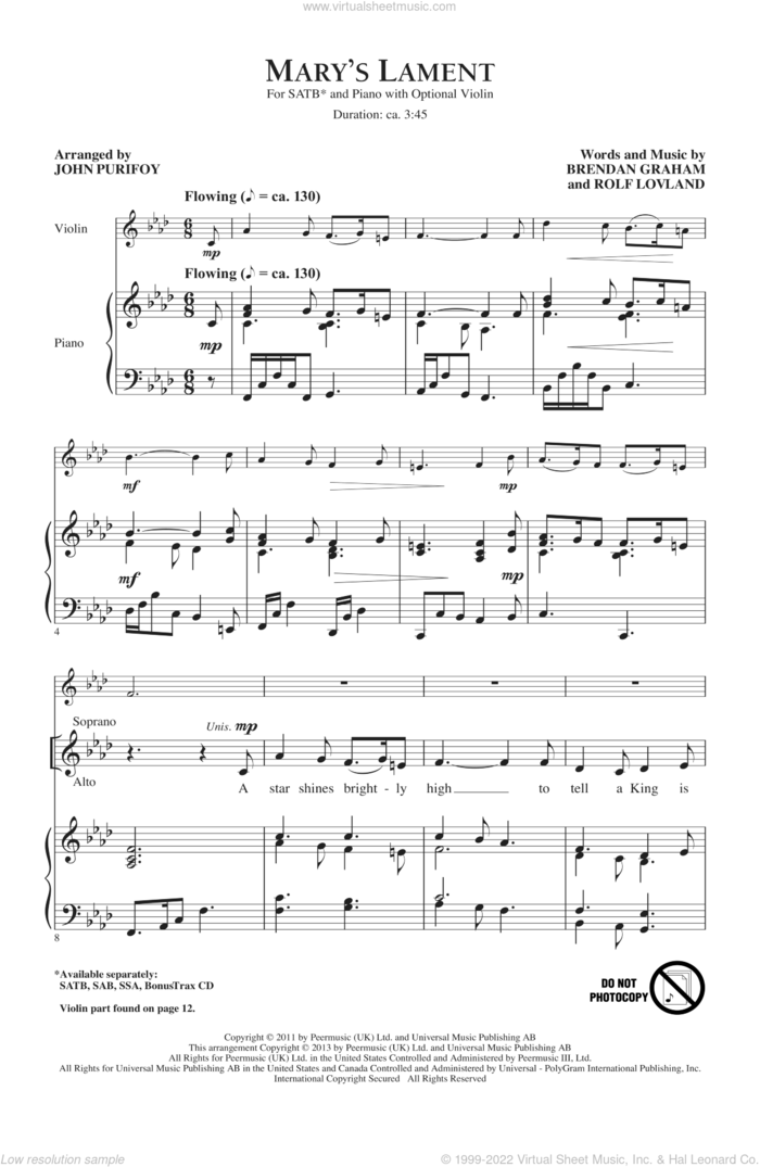 Mary's Lament sheet music for choir (SATB: soprano, alto, tenor, bass) by John Purifoy, Brendan Graham and Rolf Lovland, intermediate skill level