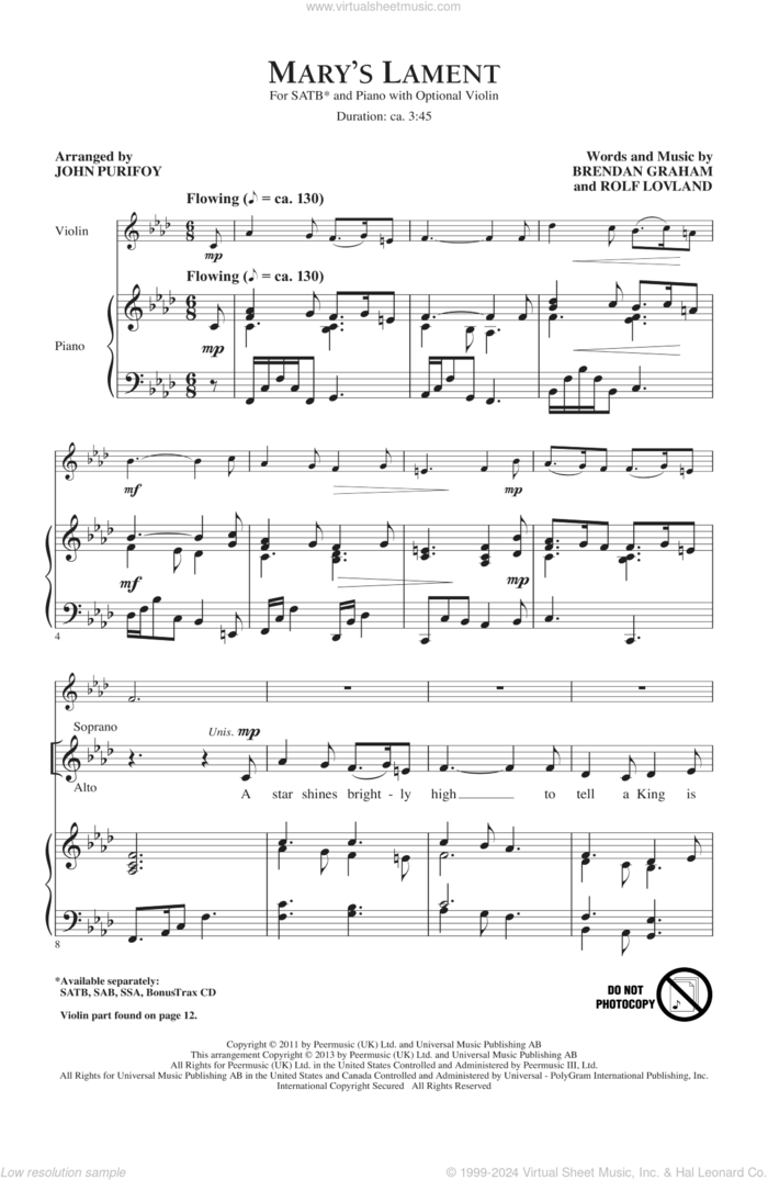 Mary's Lament sheet music for choir (SATB: soprano, alto, tenor, bass) by John Purifoy, Brendan Graham and Rolf Lovland, intermediate skill level