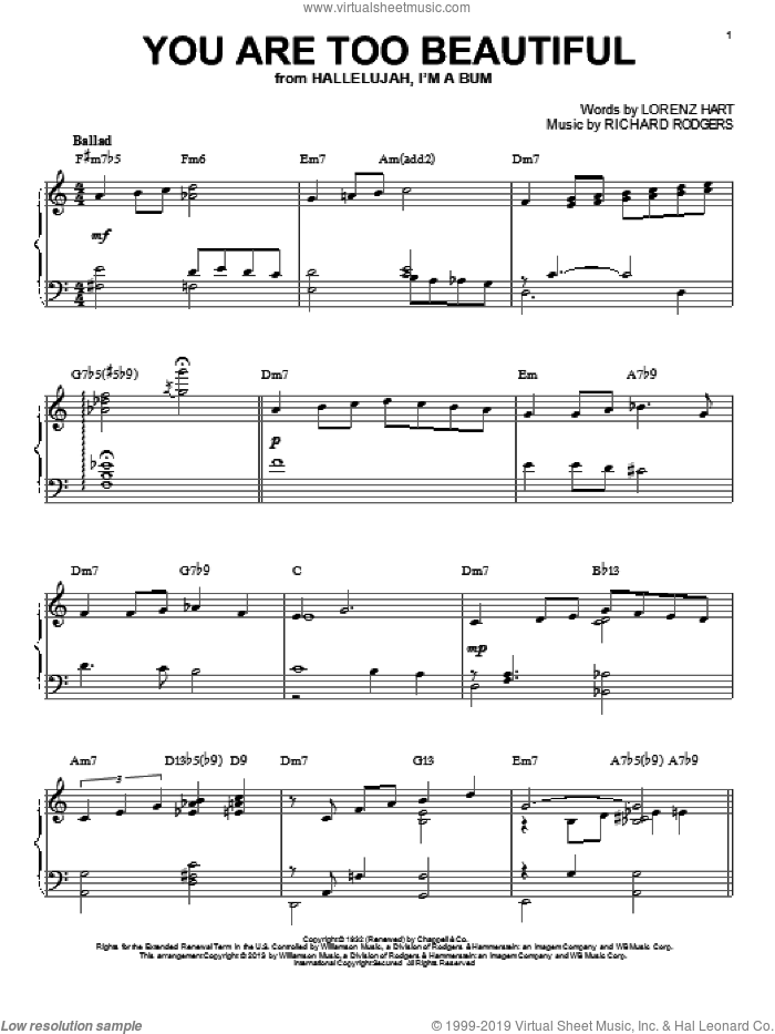 You Are Too Beautiful (arr. Brent Edstrom) sheet music for piano solo by Rodgers & Hart, Lorenz Hart and Richard Rodgers, intermediate skill level