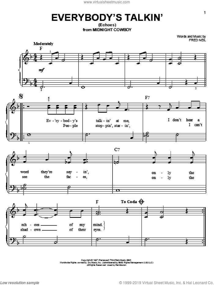 Everybody's Talkin' (Echoes) sheet music for piano solo by Harry Nilsson and Fred Neil, easy skill level