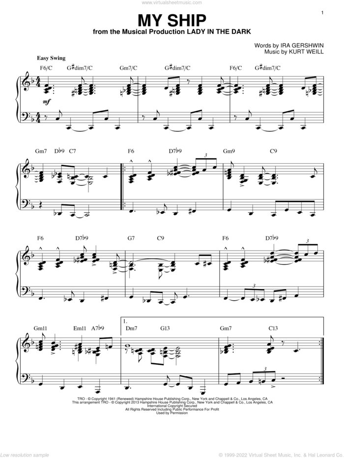 My Ship (arr. Brent Edstrom) sheet music for piano solo by Ira Gershwin and Kurt Weill, intermediate skill level
