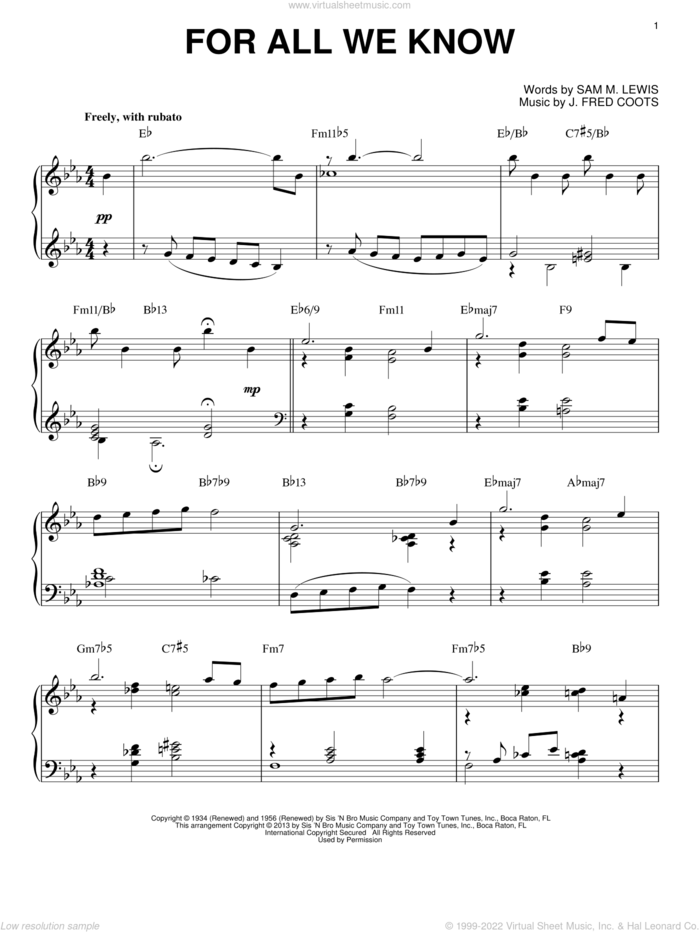 For All We Know (arr. Brent Edstrom) sheet music for piano solo by J. Fred Coots and Sam Lewis, intermediate skill level