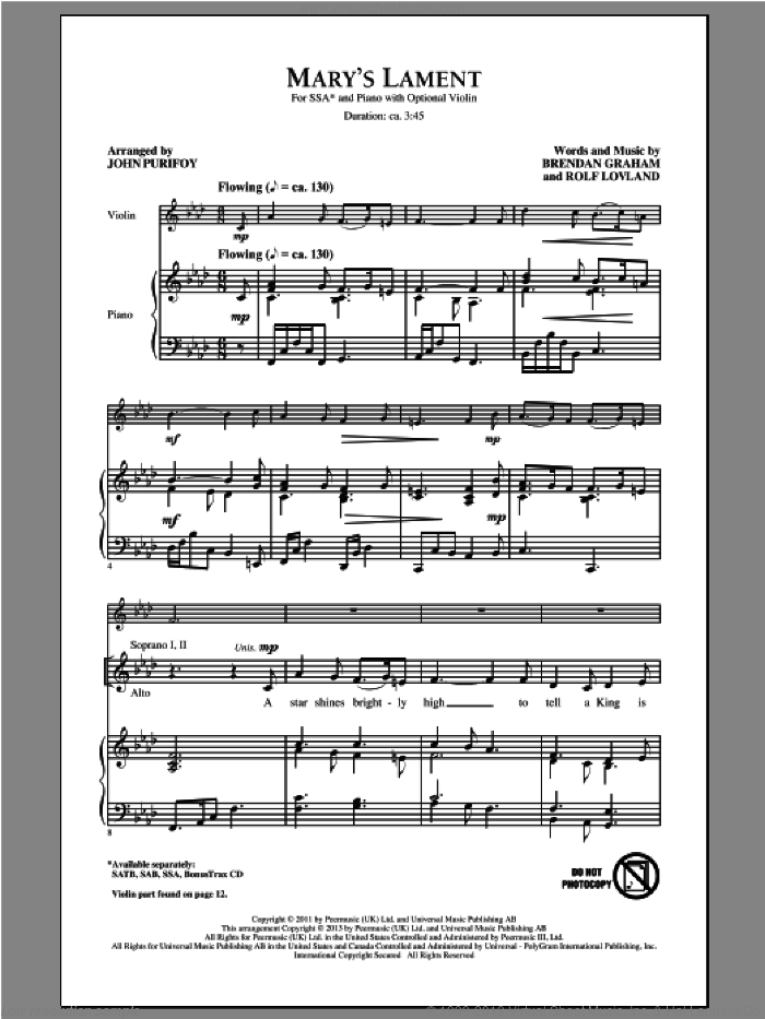 Mary's Lament sheet music for choir (SSA: soprano, alto) by John Purifoy, Brendan Graham and Rolf Lovland, intermediate skill level