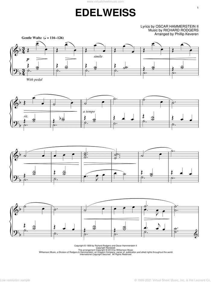 Edelweiss (from The Sound Of Music) (arr. Phillip Keveren) sheet music for piano solo by Phillip Keveren and Rodgers & Hammerstein, intermediate skill level