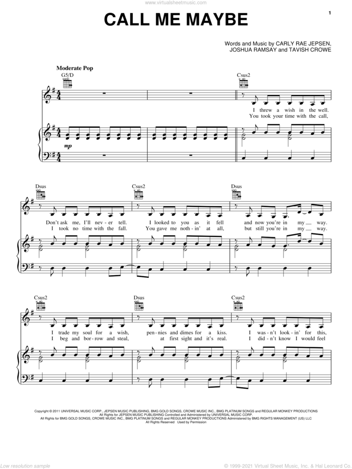 Call Me Maybe sheet music for voice, piano or guitar by Carly Rae Jepsen, intermediate skill level