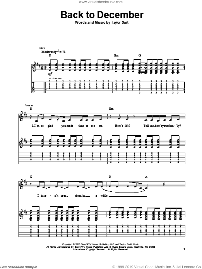 Back To December sheet music for guitar (tablature, play-along) by Taylor Swift, intermediate skill level