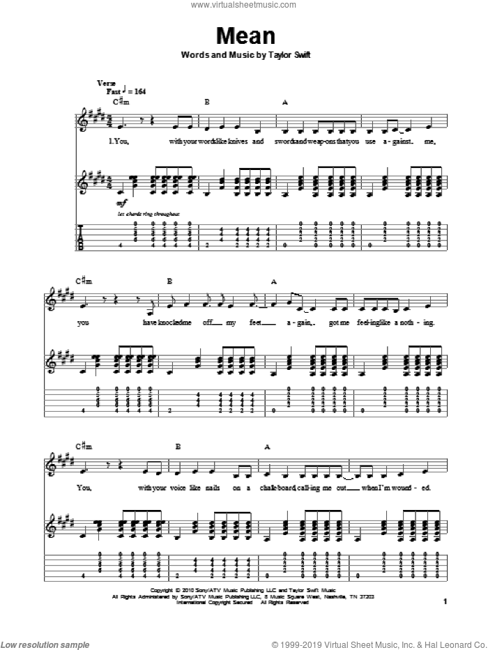 Mean sheet music for guitar (tablature, play-along) by Taylor Swift, intermediate skill level