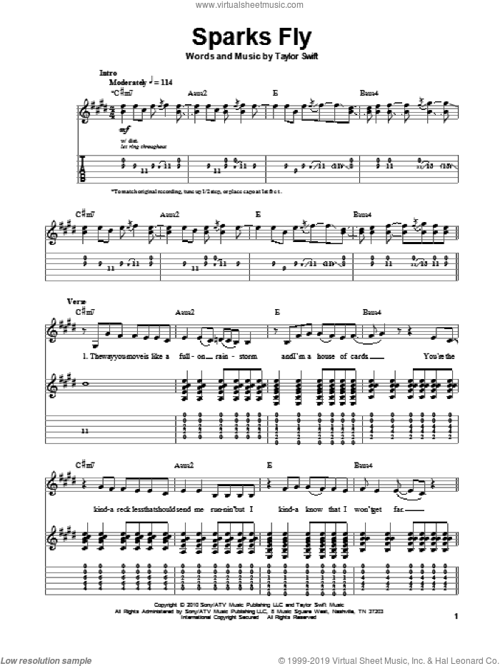 Sparks Fly sheet music for guitar (tablature, play-along) by Taylor Swift, intermediate skill level