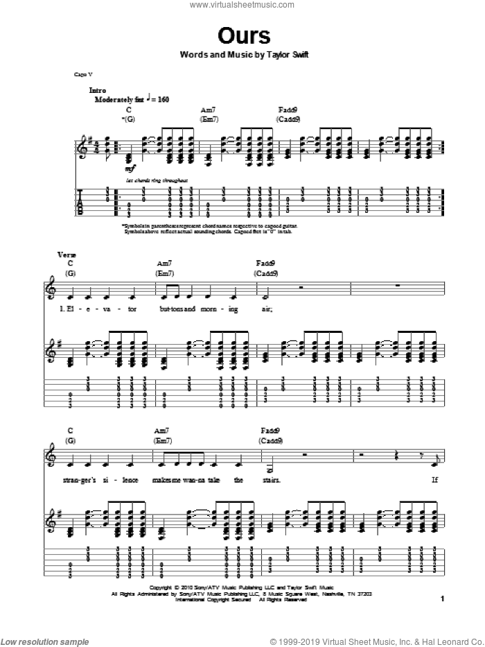 Ours sheet music for guitar (tablature, play-along) by Taylor Swift, intermediate skill level