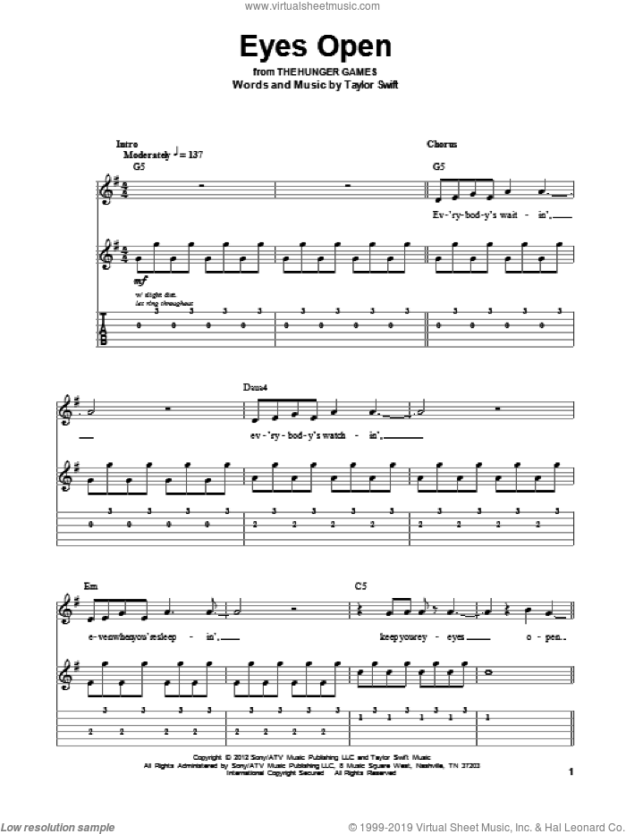 Eyes Open sheet music for guitar (tablature, play-along) by Taylor Swift, intermediate skill level