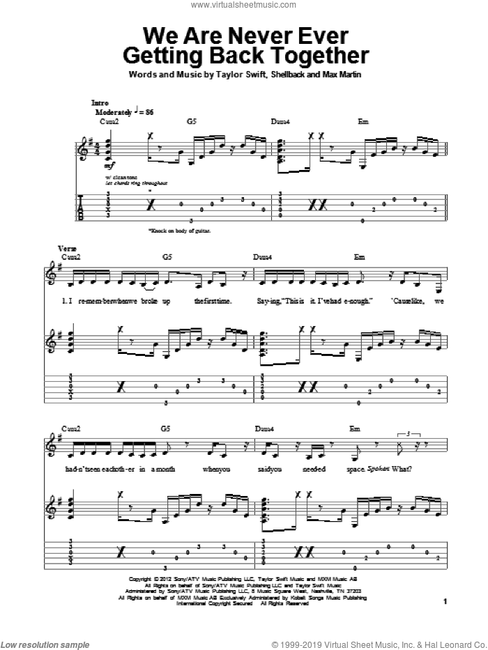 We Are Never Ever Getting Back Together sheet music for guitar (tablature, play-along) by Taylor Swift, intermediate skill level