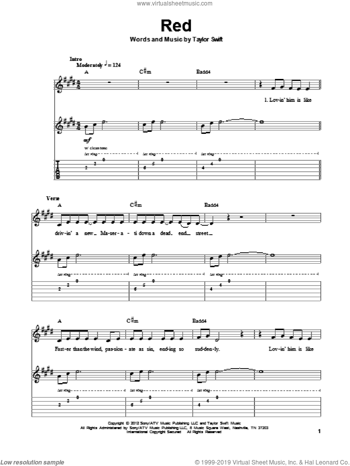 Red sheet music for guitar (tablature, play-along) by Taylor Swift, intermediate skill level