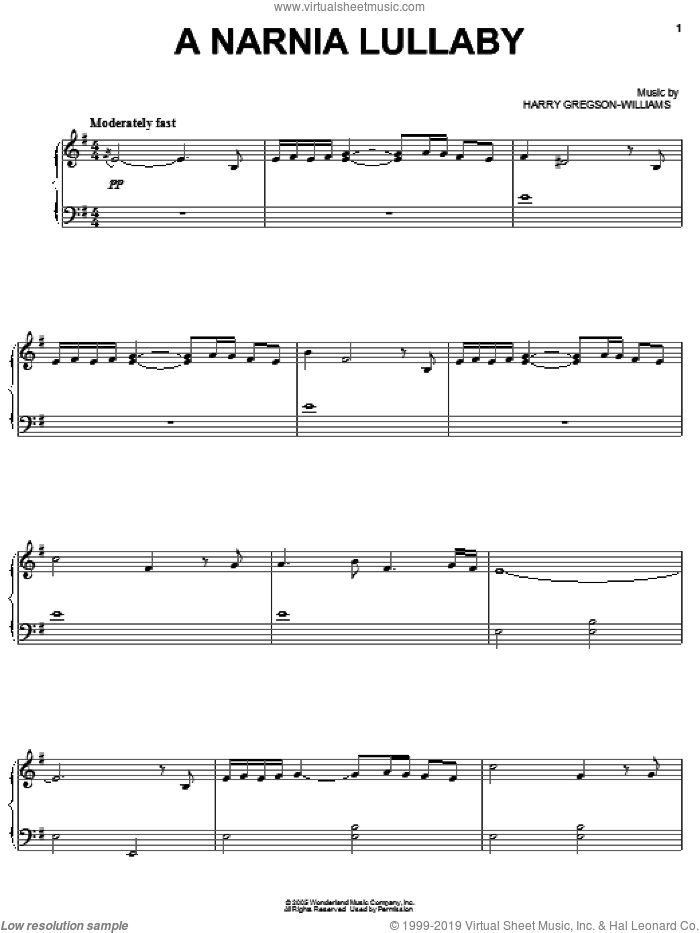 A Narnia Lullaby sheet music for voice, piano or guitar by Harry Gregson-Williams and The Chronicles of Narnia: The Lion, The Witch And The Wardrobe , intermediate skill level