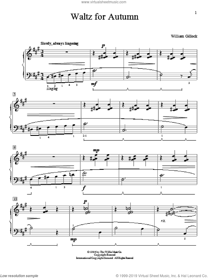 Waltz For Autumn sheet music for piano solo (elementary) by William Gillock, classical score, beginner piano (elementary)