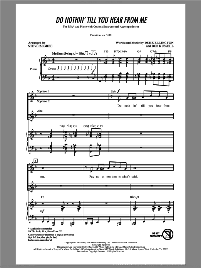 Do Nothin' Till You Hear From Me sheet music for choir (SSA: soprano, alto) by Steve Zegree, intermediate skill level