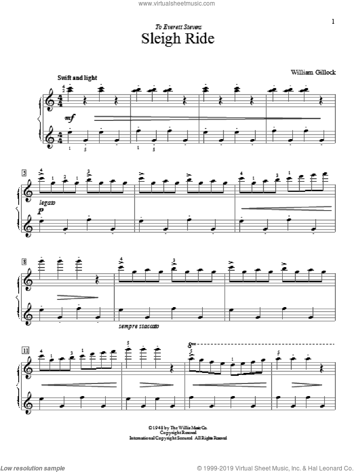 Sleigh Ride sheet music for piano solo (elementary) by William Gillock, classical score, beginner piano (elementary)