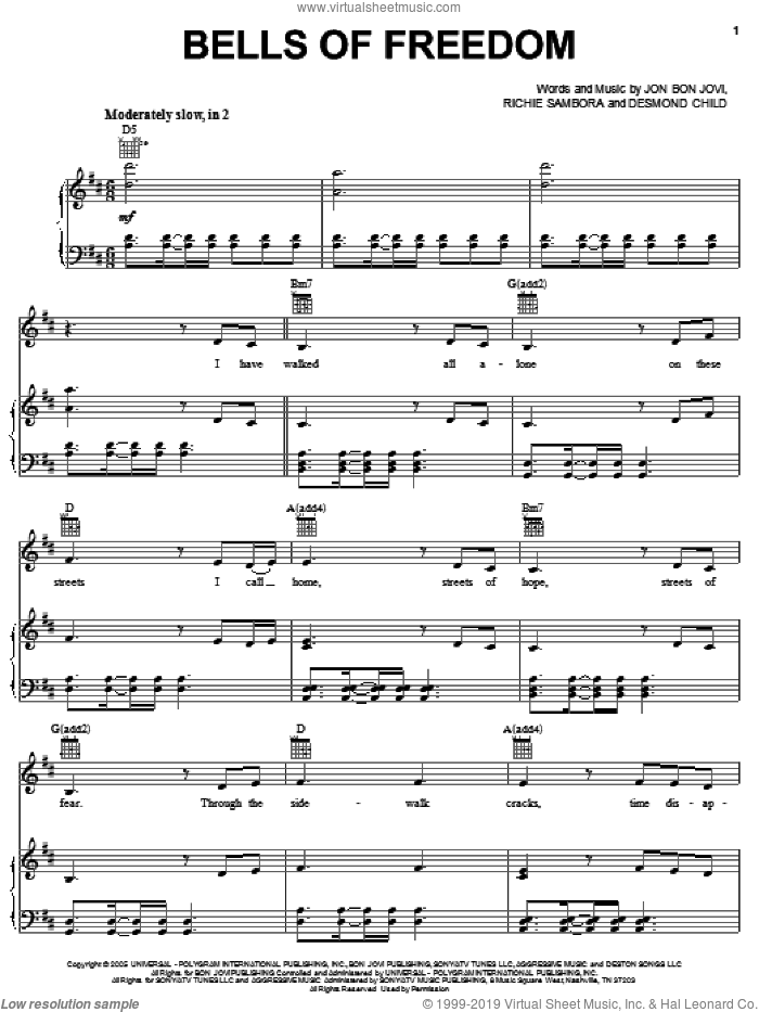 Bells Of Freedom sheet music for voice, piano or guitar by Bon Jovi, Desmond Child and Richie Sambora, intermediate skill level