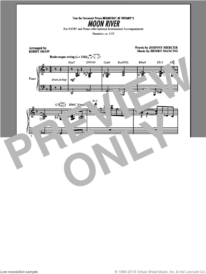 Moon River sheet music for choir (SATB: soprano, alto, tenor, bass) by Kirby Shaw and Henry Mancini, intermediate skill level