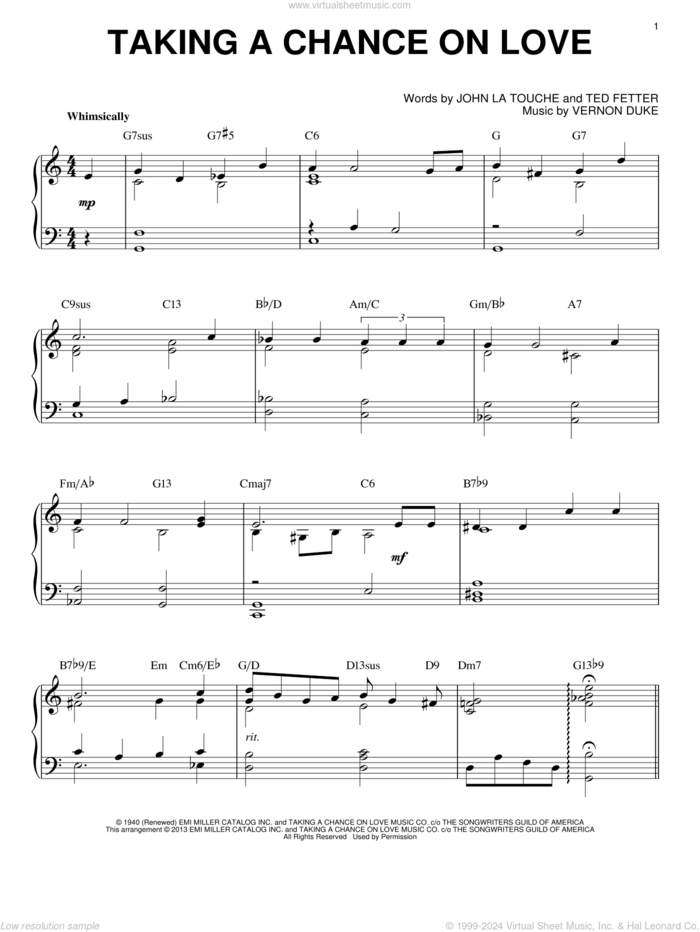 Taking A Chance On Love (arr. Brent Edstrom) sheet music for piano solo by Ted Fetter, intermediate skill level