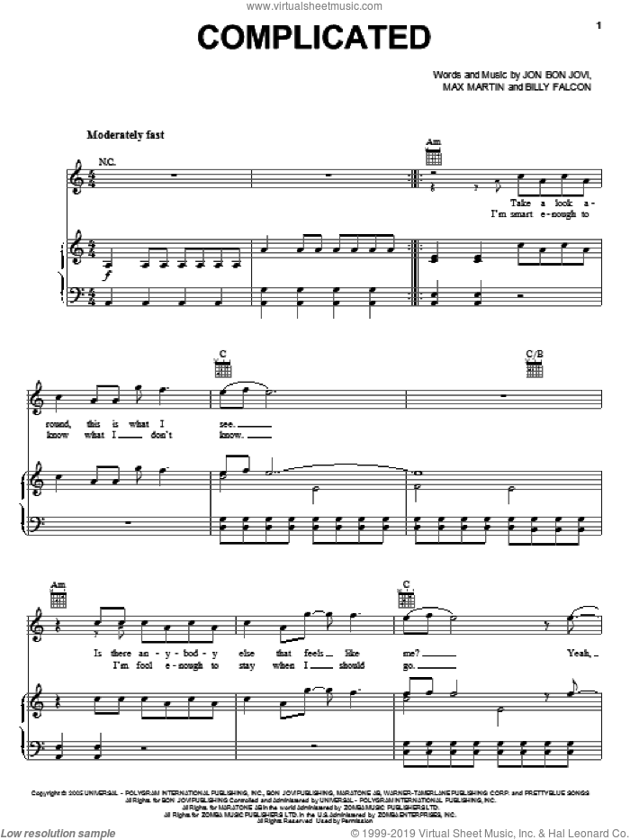 Complicated sheet music for voice, piano or guitar by Bon Jovi, Billy Falcon and Max Martin, intermediate skill level