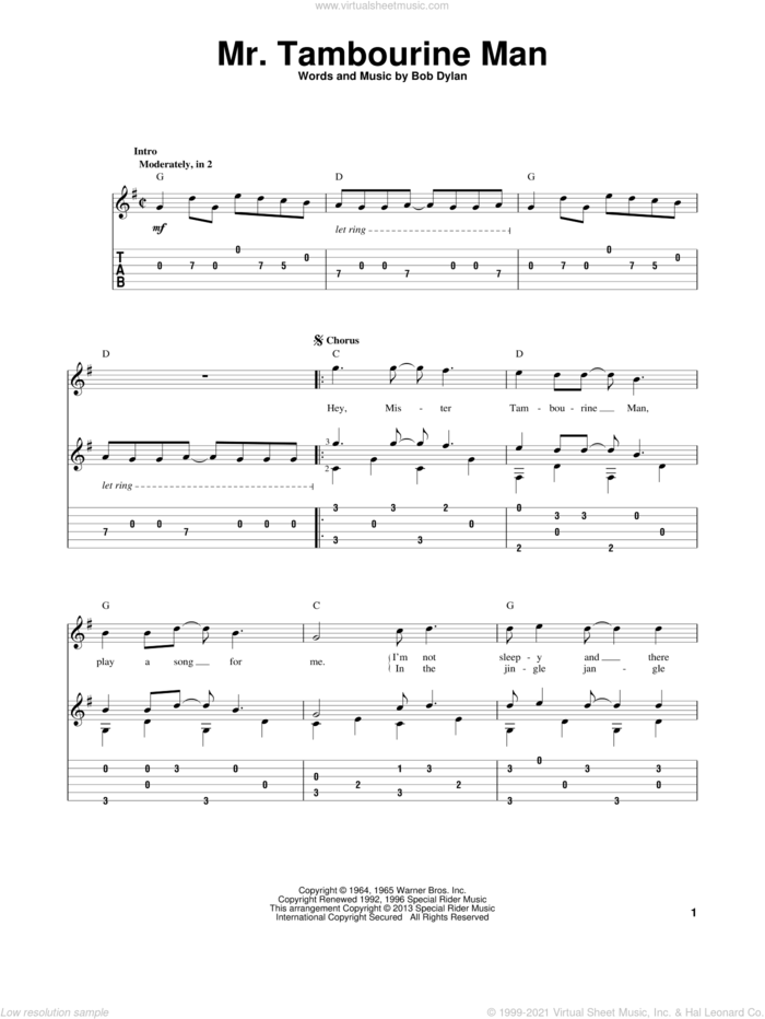 Mr. Tambourine Man, (intermediate) sheet music for guitar solo by Bob Dylan, intermediate skill level
