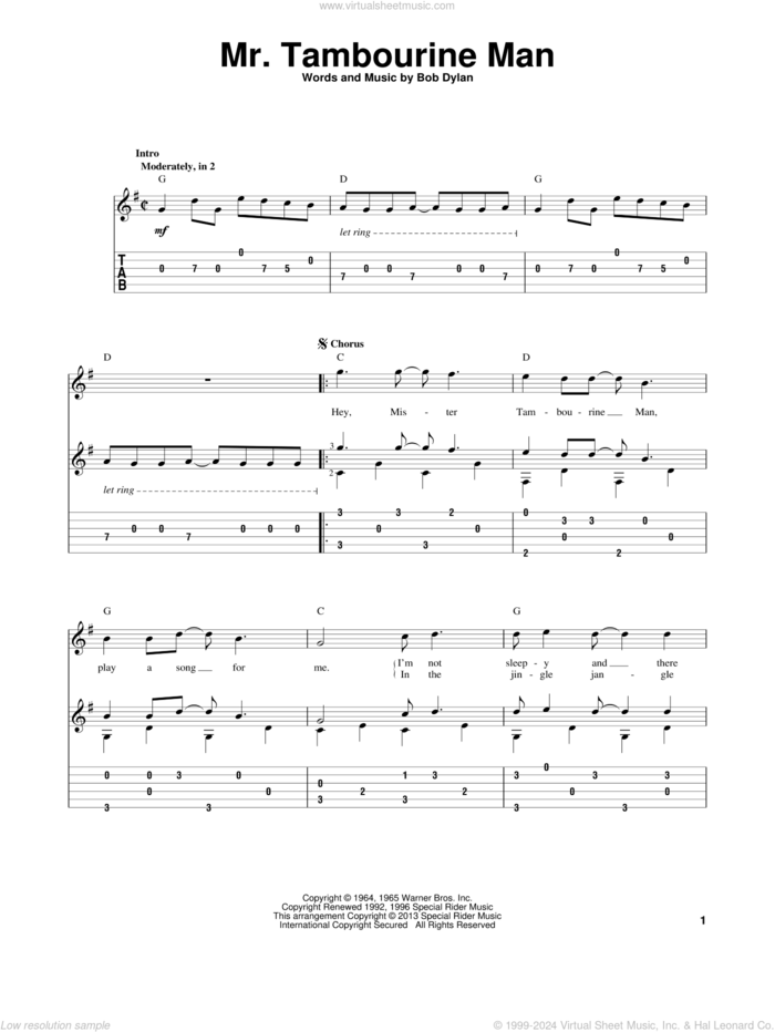 Mr. Tambourine Man, (intermediate) sheet music for guitar solo by Bob Dylan, intermediate skill level