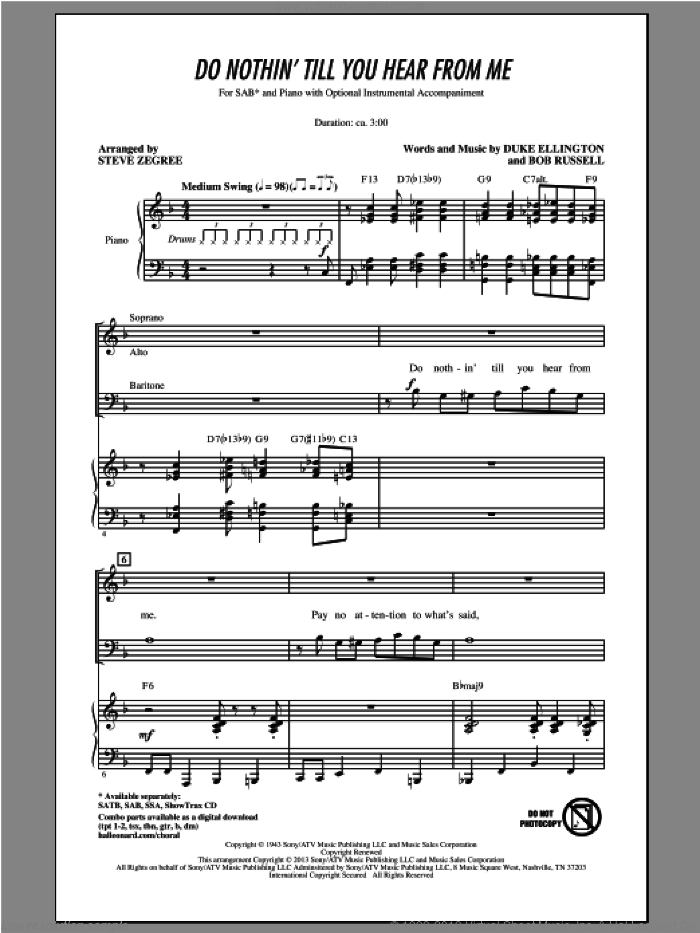 Do Nothin' Till You Hear From Me sheet music for choir (SAB: soprano, alto, bass) by Steve Zegree, intermediate skill level