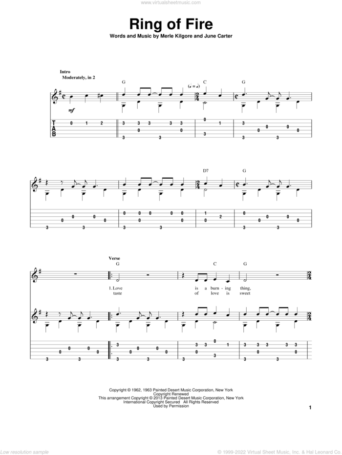Ring Of Fire, (intermediate) sheet music for guitar solo by Johnny Cash, intermediate skill level