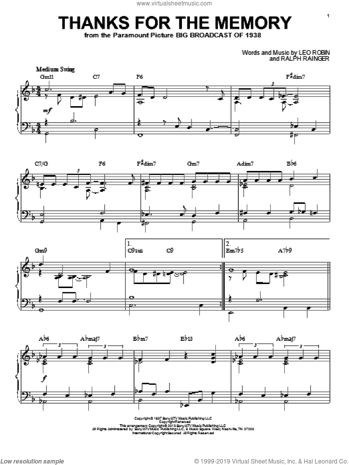 Thanks For The Memory (arr. Brent Edstrom) sheet music for piano solo by Ralph Rainger, Dave McKenna, Mildred Bailey and Shep Fields, intermediate skill level