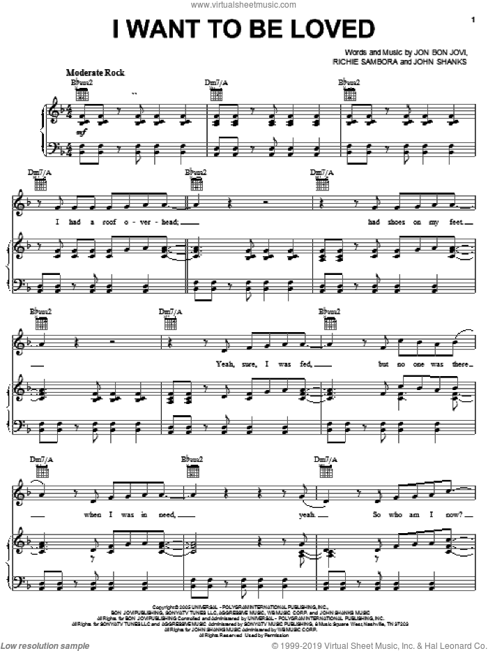 I Want To Be Loved sheet music for voice, piano or guitar by Bon Jovi, John Shanks and Richie Sambora, intermediate skill level