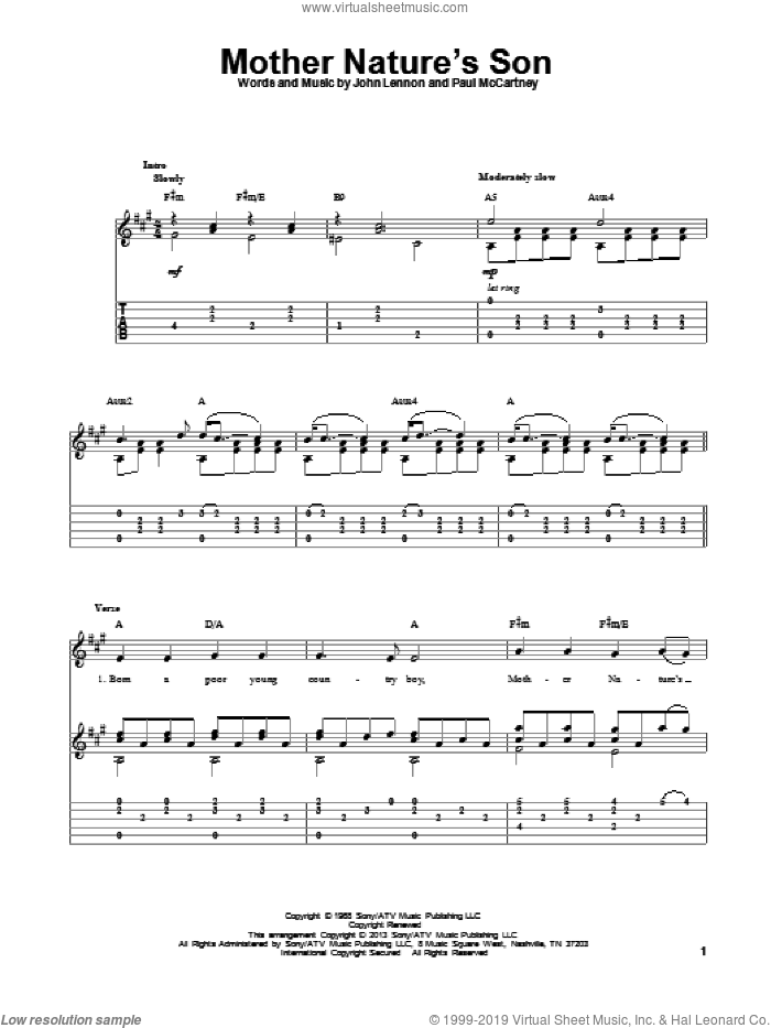 Mother Nature's Son sheet music for guitar solo by The Beatles, John Lennon and Paul McCartney, intermediate skill level
