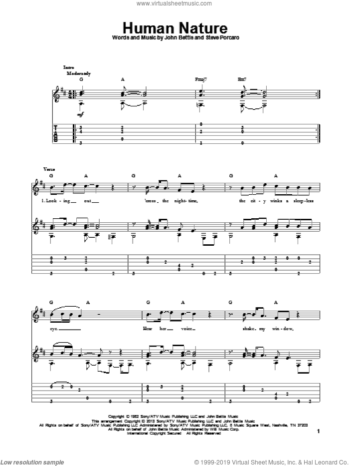 Human Nature sheet music for guitar solo by Michael Jackson, intermediate skill level