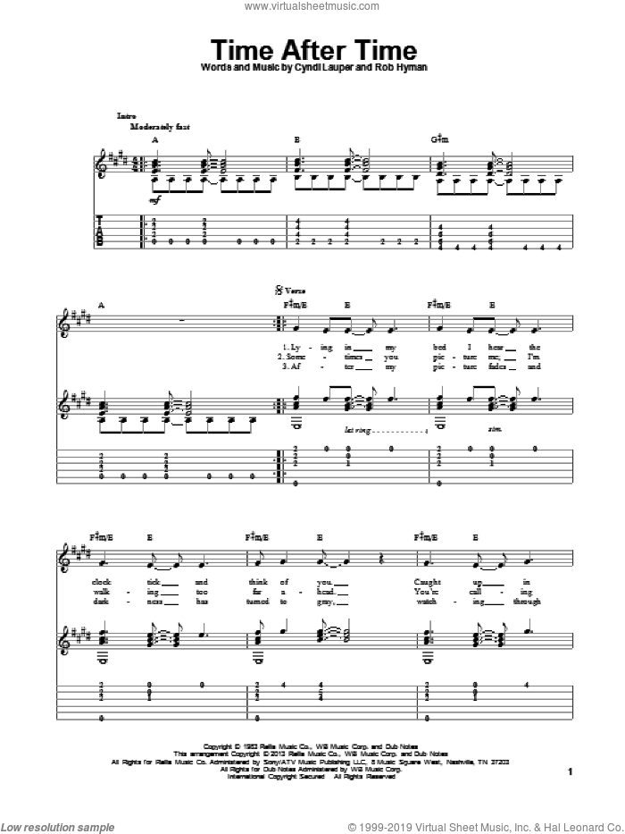 Time After Time sheet music for guitar solo by Cyndi Lauper, intermediate skill level