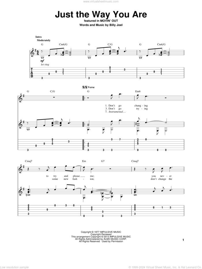 Just The Way You Are sheet music for guitar solo by Billy Joel, wedding score, intermediate skill level