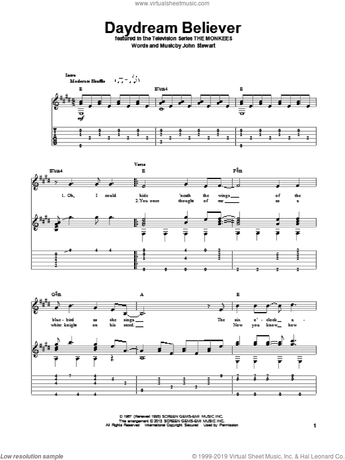 Daydream Believer sheet music for guitar solo by The Monkees, intermediate skill level