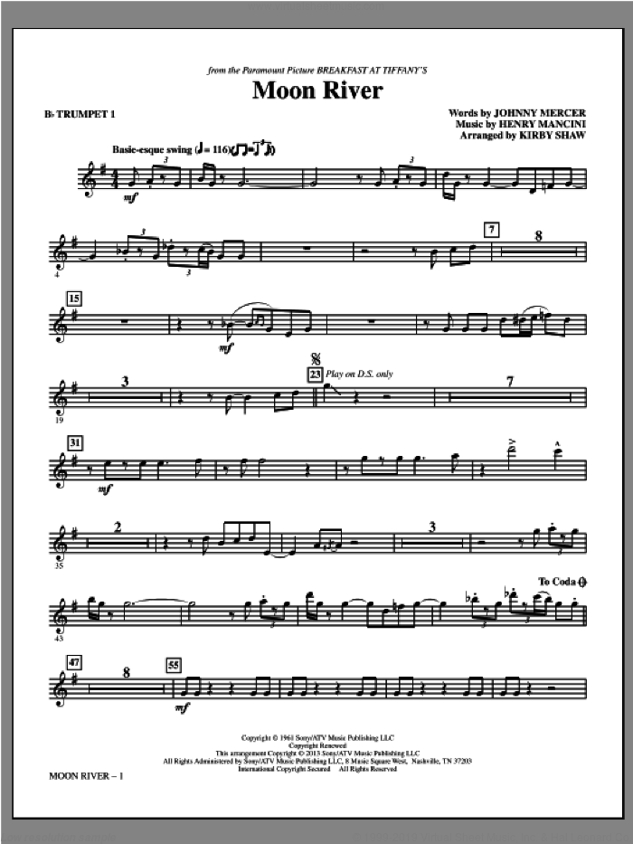Moon River (complete set of parts) sheet music for orchestra/band by Kirby Shaw, Andy Williams and Henry Mancini, wedding score, intermediate skill level