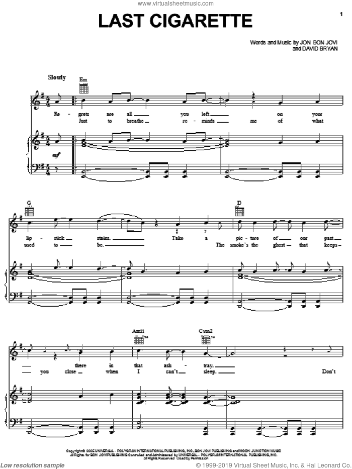 Last Cigarette sheet music for voice, piano or guitar by Bon Jovi and David Bryan, intermediate skill level